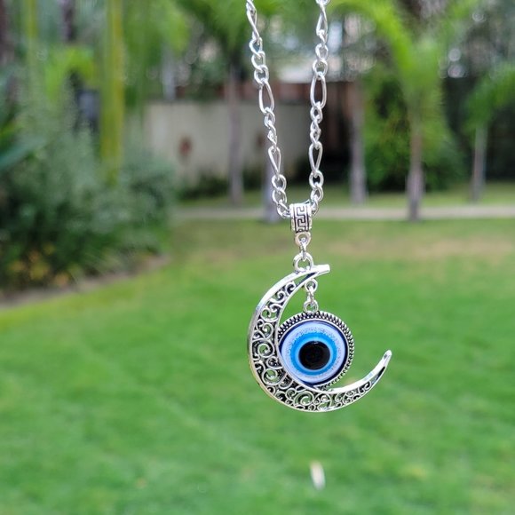 Crescent Moon Evil Eye Pendant - Picture 2 of 4